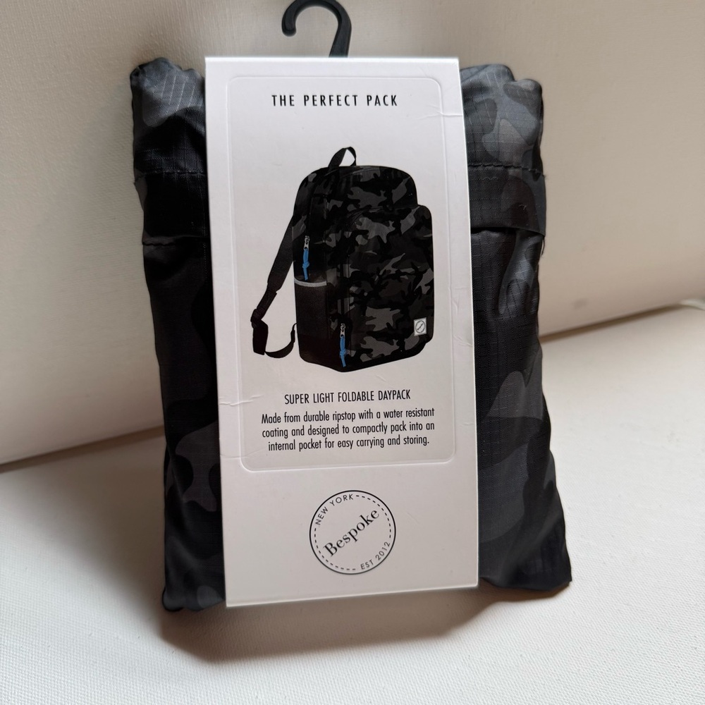 Bespoke Black Camouflage Backpack Foldable Travel Bag NWT